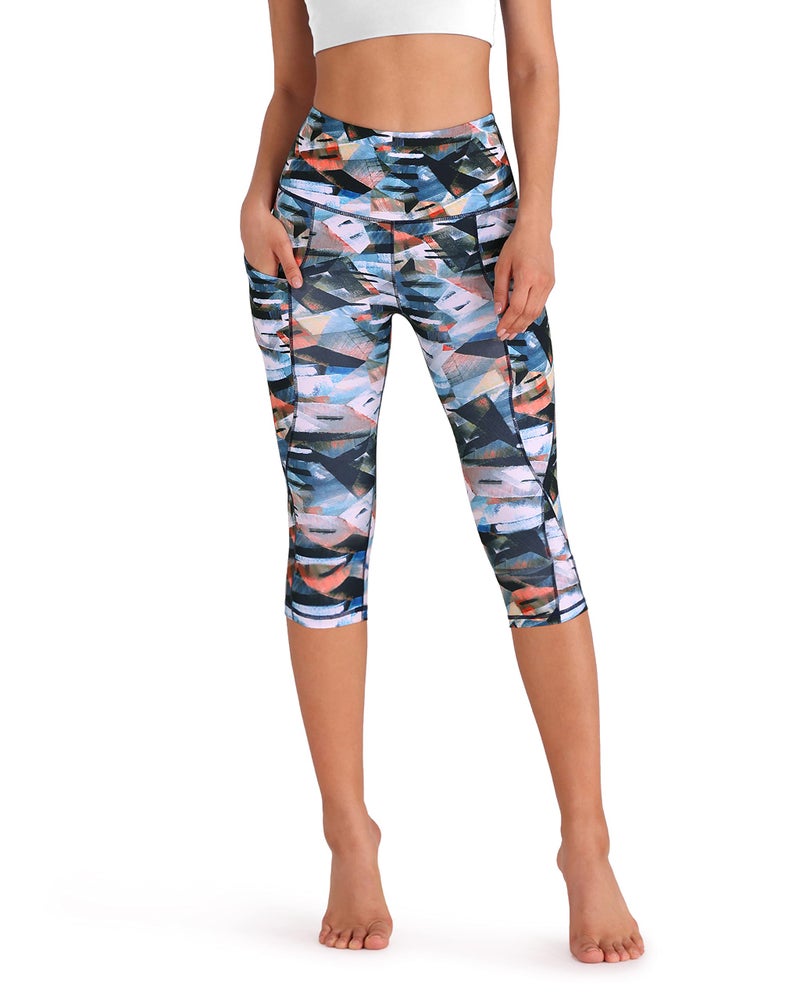 ODODOS Women's High Waisted Pattern Yoga Capri Leggings with Pockets, Tummy Control Non See Through Sports Athletic Workout Running Capris, FineArt, X-Large - Image 2